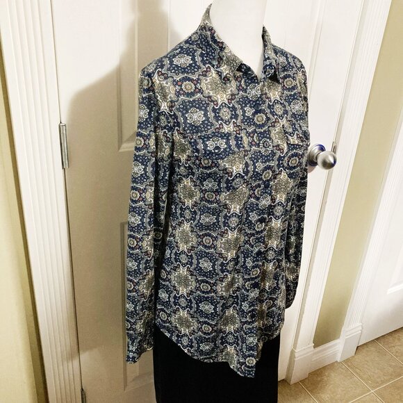 SUZY SHIER Navy blue geometric floral print button-down shirt ~ SMALL MEDIUM top - Picture 5 of 12